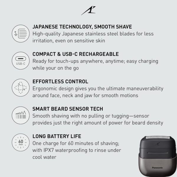 Panasonic Swipe Right Travel Shaver for Men, Portable Electric Razor with USB-C Charging, 3-Blade Cutting System and Beard Sensor Technology, Wet/Dry Use - ES-CM3A-K