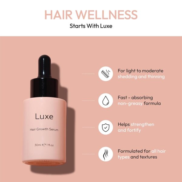 Luxe Cosmetics Hair Growth Serum - 30ml, Advanced Formula for Fuller, Healthier Hair, Reduces Hair Loss, Breakage and Shedding