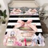jejeloiu Pink Fashion Bed Sheets Set Queen Size Kids Black White Striped Fitted Sheet with Deep Pocket for Boys Girls Teens Floral Bedding Set Breathable Perfume High Heels Books Bedroom Decor
