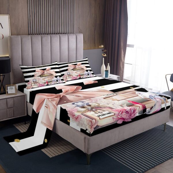 jejeloiu Pink Fashion Bed Sheets Set Queen Size Kids Black White Striped Fitted Sheet with Deep Pocket for Boys Girls Teens Floral Bedding Set Breathable Perfume High Heels Books Bedroom Decor