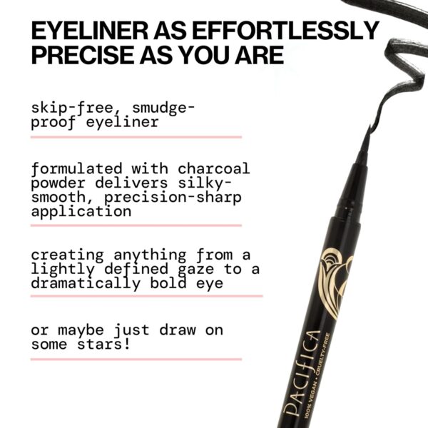Pacifica Black Liquid Eyeliner Pen - Liquid Line - Felt tip, Smudge Proof Eyeliner - Water Resistant Gel Makeup Eye Liner - Matte Fine Tip Clean Beauty Vegan & Cruelty-Free Dermatologist Tested