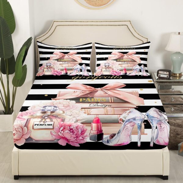 jejeloiu Pink Fashion Bed Sheets Set Queen Size Kids Black White Striped Fitted Sheet with Deep Pocket for Boys Girls Teens Floral Bedding Set Breathable Perfume High Heels Books Bedroom Decor