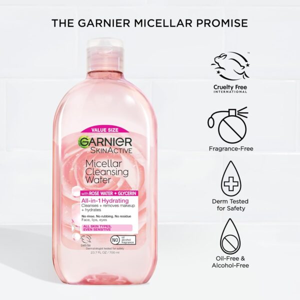 Garnier Micellar Water with Rose Water and Glycerin, Hydrating Facial Cleanser & Makeup Remover, For All Skin Types, Vegan, Cruelty Free, 23.7 Fl Oz (700mL), 1 Count
