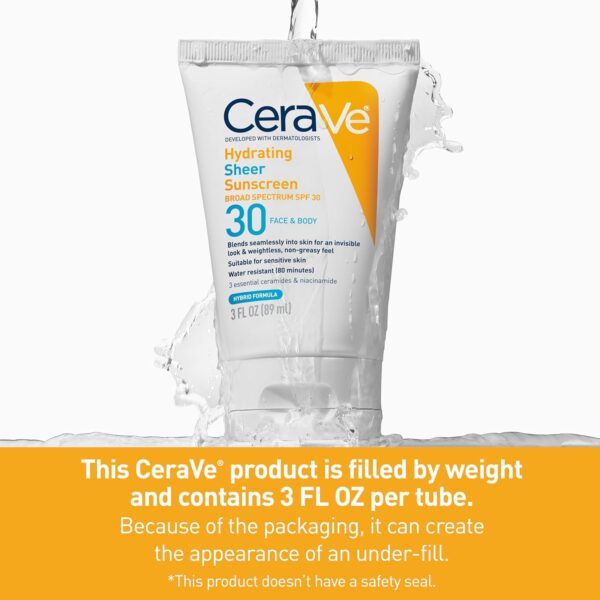 CeraVe Hydrating Sheer Sunscreen with SPF 30 for Face and Body, Mineral & Chemical Sunscreen for Men & Women with Zinc Oxide, Hyaluronic Acid and Ceramides, Paraben-Free + Fragrance-Free, 3 Ounces