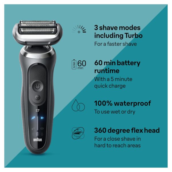 Braun Electric Shaver for Men, Series 7 7127cs, Wet & Dry Shave, Turbo & Gentle Shaving Modes, Waterproof Foil Shaver, Engineered in Germany, with Beard Trimmer, Charging Stand, Space Grey