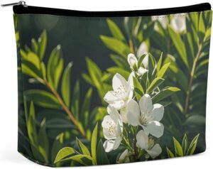 White Natural Greenery Twig Makeup Bag for Women Portable Travel Toiletry Pouch, PU Leather Cosmetic Bag with Zipper