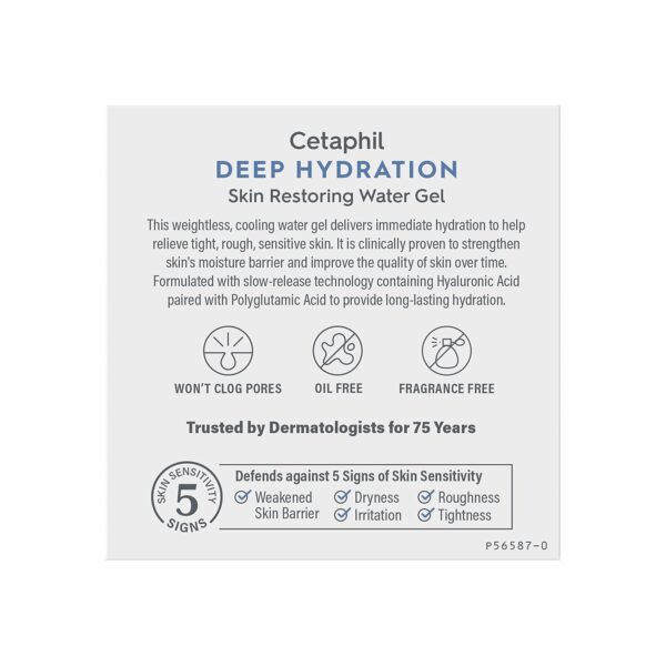 Cetaphil Deep Hydration Skin Restoring Water Gel with Hyaluronic and Polyglutamic Acid, Face Moisturizer, 72 Hour Hydration, For Dry, Dehydrated Sensitive Skin, Fragrance Free, 1.7 oz, Fragrance Free