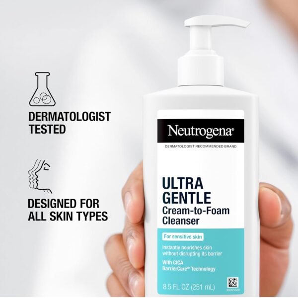 NEUTROGENA Ultra Gentle Cream-to-Foam Daily Facial Cleanser, Transforms from a Creamy Cleanser to a Foaming Face Wash, Gently Cleanses Sensitive Skin, Fragrance-Free, Hypoallergenic, 8.5 oz