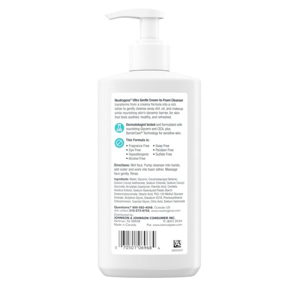 NEUTROGENA Ultra Gentle Cream-to-Foam Daily Facial Cleanser, Transforms from a Creamy Cleanser to a Foaming Face Wash, Gently Cleanses Sensitive Skin, Fragrance-Free, Hypoallergenic, 8.5 oz