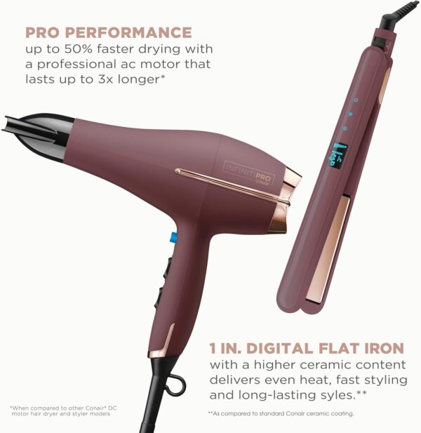 Conair Limited Edition Bundle | INFINITIPRO by CONAIR Hair Dryer with Diffuser - and - Conair Double Ceramic 1-inch Digital Flat Iron | Plum | Amazon Exclusive