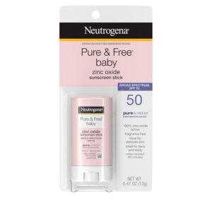 Neutrogena Pure & Free Baby Mineral Sunscreen Stick with Broad Spectrum SPF 50 & Zinc Oxide, Water-Resistant, Hypoallergenic, Paraben-, Dye- & PABA-Free Baby Face & Body Sunscreen, 0.47 oz