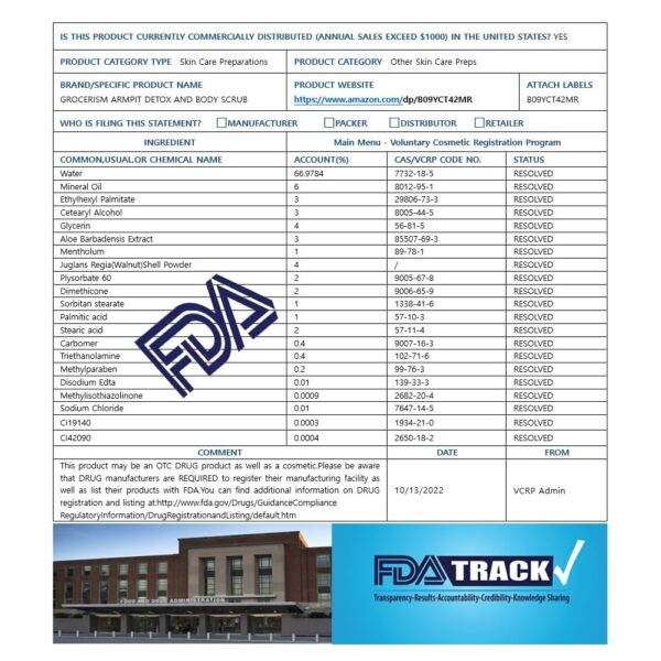 Armpit Detox Scrub 8.8 oz with Peppermint, Aloe Vera and Walnut Shell Powder, Underarm Scrub Helps on Removing Odor, Deep Cleanse & Exfoliating, also for Legs, Knee, Feet, Hands Whole Body