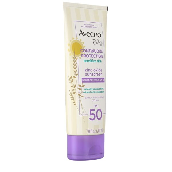 Aveeno Baby Continuous Protection Zinc Oxide Mineral Sunscreen Lotion for Sensitive Skin, Broad Spectrum SPF 50, Tear-Free, Sweat- & Water-Resistant, Paraben-Free, Non-Greasy, 7 fl. oz