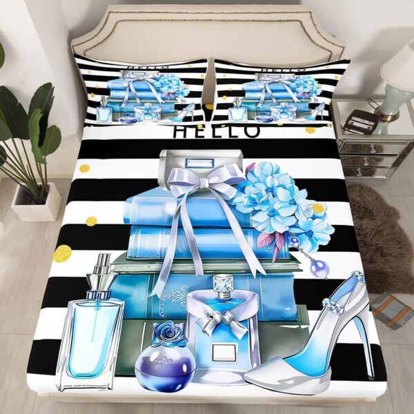 Erosebridal Black and Blue Bed Sheets Queen Size Fashion Black White Girly Fitted Sheet for Girl Women Modern Flower Floral Perfume Striped Bed Set High Heels Magazine Books Sheets