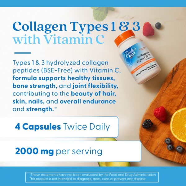 Doctor's Best Collagen Types 1 & 3 with Vitamin C, Non-GMO, Gluten Free, Soy Free, Supports Hair, Skin, Nails, Tendons & Bones, 500 mg, 240 Caps (DRB-00263)