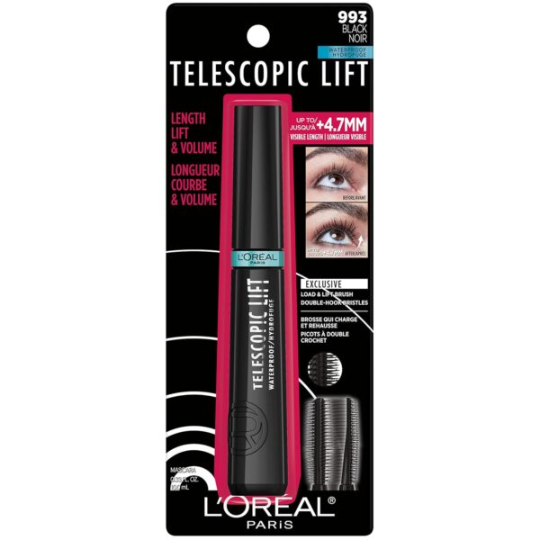 L'Oreal Paris Telescopic Lift Mascara, Lengthening and Volumizing Eye Makeup, Lash Lift with Up to 36HR Wear, Waterproof, Black, 0.33 Fl Oz