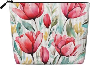 Linen Makeup Bag For Women, Waterproof Travel Cosmetic Organizer Lightweight Zipper Travel Toiletry Bag Organizer Watercolor Tulip Makeup Brushes Storage Bag