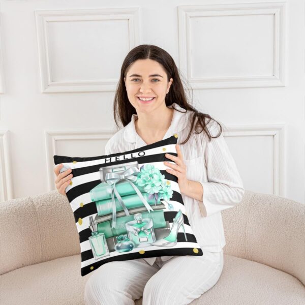 Erosebridal Pack of 4 Black and Turquoise Throw Pillow Covers Fashion Black White Girly Cushion Cases Modern Flower Floral Perfume Striped Pillow Covers High Heels Magazine Books Decor,18x18 Inch