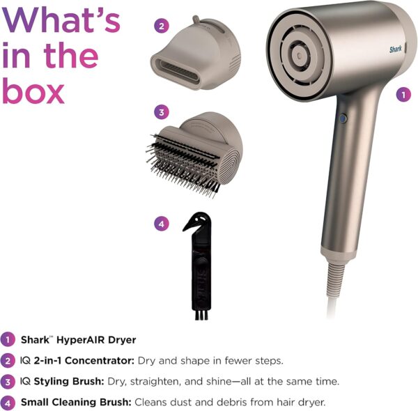 Shark HD112BRN Hair Blow Dryer HyperAIR Ionic Hair Dryer with 2-in-1 Concentrator and Styling Attachments, Auto Presets, Rotatable Hot Air Brush, No Heat Damage, Ionic, Stone