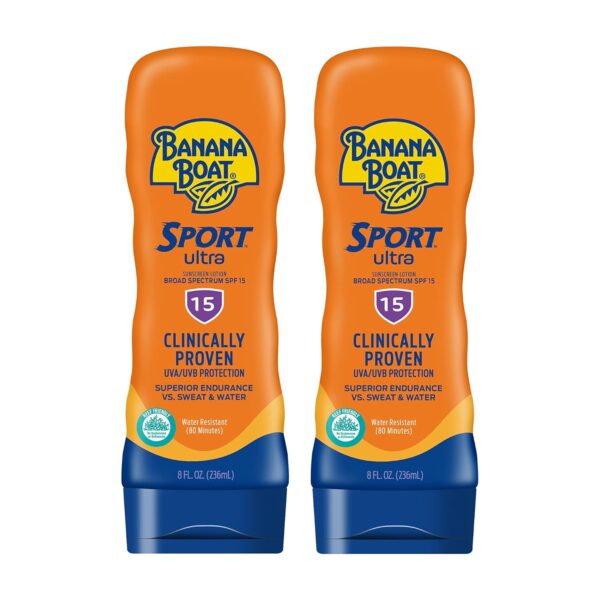Banana Boat Sport Ultra SPF 15 Sunscreen Lotion Twin Pack | Banana Boat Sunscreen SPF 15 Lotion, Sunblock, Oxybenzone-Free, Water Resistant, 8oz each