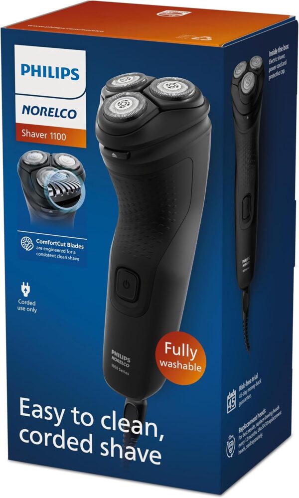 Philips Norelco Shaver 1100 Series, Dry Electric Shaver, 27 Self-Sharpening ComfortCut Blades, 4D Floating Heads, P-Cap, Deep Black, Model S1016/90