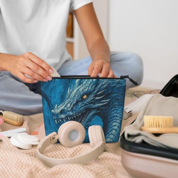 Linen Makeup Bag For Women, Waterproof Travel Cosmetic Organizer Lightweight Zipper Travel Toiletry Bag Organizer Dragon Cool Blue Makeup Brushes Storage Bag