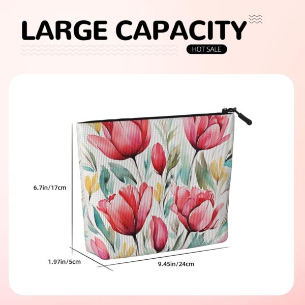 Linen Makeup Bag For Women, Waterproof Travel Cosmetic Organizer Lightweight Zipper Travel Toiletry Bag Organizer Watercolor Tulip Makeup Brushes Storage Bag