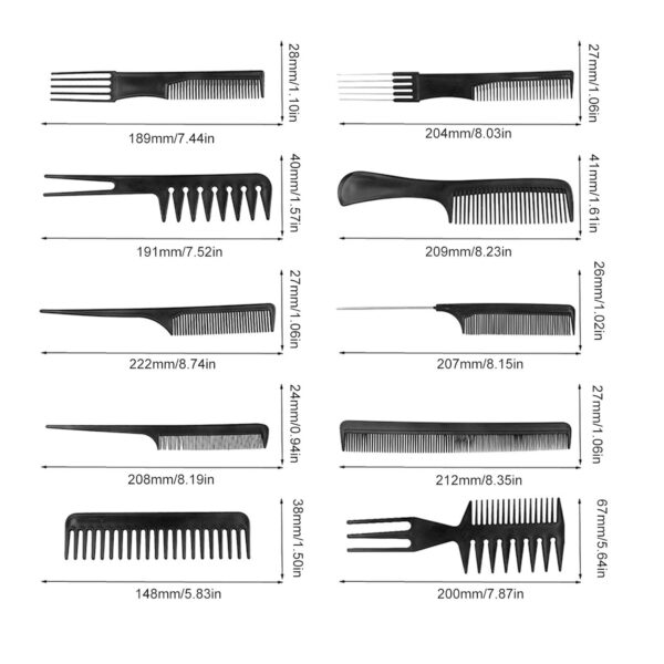 10Pcs Professional Hair Comb Set Barber Styling Tool Hair Brush Combs For Salon Home Use PP Material Black Various Sizes