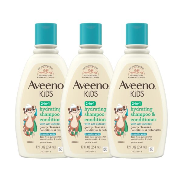 Aveeno Kids 2-in-1 Shampoo and Conditioner, Hydrating Shampoo and Conditioner for Soft, Smooth and Easily Manageable Hair, Oat Extract Formula, Gentle Scent, Hypoallergenic, 12 fl. oz, 3 Pack