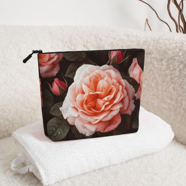 Linen Makeup Bag For Women, Waterproof Travel Cosmetic Organizer Lightweight Zipper Travel Toiletry Bag Organizer Rose Flower Makeup Brushes Storage Bag