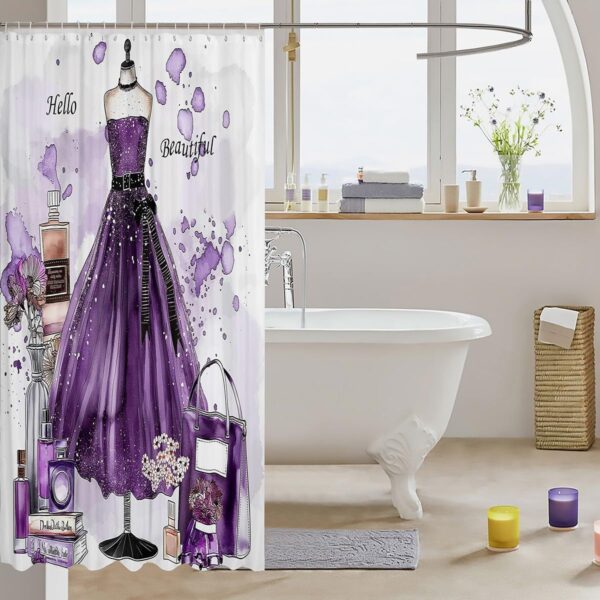 Purple Fashion Shower Curtain Purple Tie-Dye Decor Bath Curtain Modern Fashion Purple Dress Bathroom Decor Romantic Makeup Themed Waterproof Curtain Floral Perfume Print Curtain,72" W x 78" L