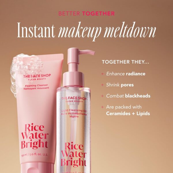 The Face Shop Rice Water Bright Vegan Double Cleanse Trial Set, Travel Size, Foaming Cleanser & Mini Cleansing Oil, Korean Skin Care, Gentle Face Cleanser & Pore Control, Moisturizing Makeup Remover