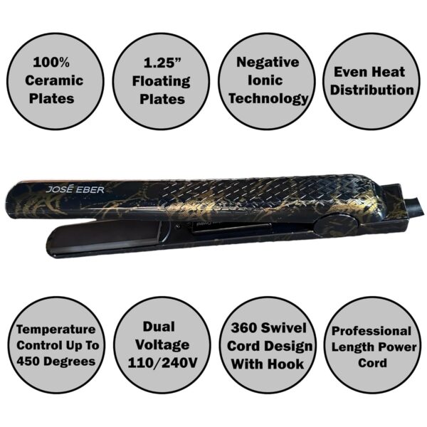 Jose Eber: 100% Pure Ceramic Flat Iron: Black Marble - 1.25" Plates - Temperature Control, Negative Ionic Technology, Professional Hair Straightener