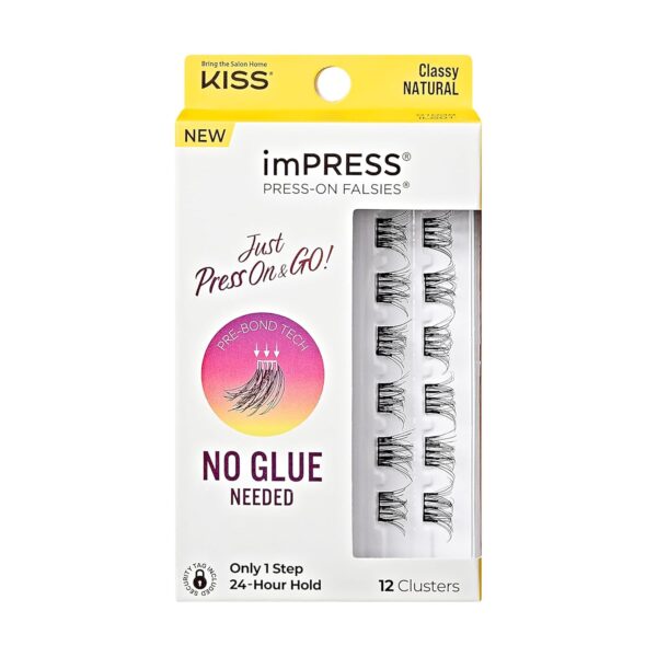 KISS imPRESS Falsies Press On Self Adhesive Eyelashes, 10mm-12mm Natural Volume Press On Lashes, Black, No Glue Needed, Invisible Band, 12 Lash Clusters - Classy