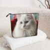 Linen Makeup Bag For Women, Waterproof Travel Cosmetic Organizer Lightweight Zipper Travel Toiletry Bag Organizer Cute White Cat Makeup Brushes Storage Bag