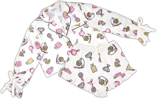 Matching Pajama Sleep Set For Women Cropped Long Sleeve and Shorts 2-Piece Loungewear Polyester Satin Perfume Bottles Medium
