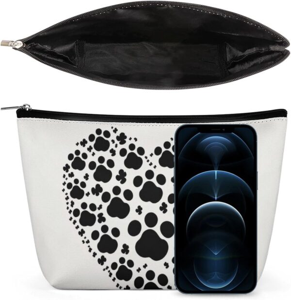 Dog Paw Print Love Heart Makeup Bag for Women Portable Travel Toiletry Pouch, PU Leather Cosmetic Bag with Zipper