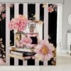Erosebridal Pink Floral Shower Curtain Modern Fashion Girly Bath Curtain Romantic Makeup Themed Bathroom Decor Black White Stripe Waterproof Curtain Women Perfume Print Curtain,72" W x 84" L