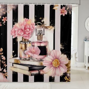 Erosebridal Pink Floral Shower Curtain Modern Fashion Girly Bath Curtain Romantic Makeup Themed Bathroom Decor Black White Stripe Waterproof Curtain Women Perfume Print Curtain,72" W x 84" L