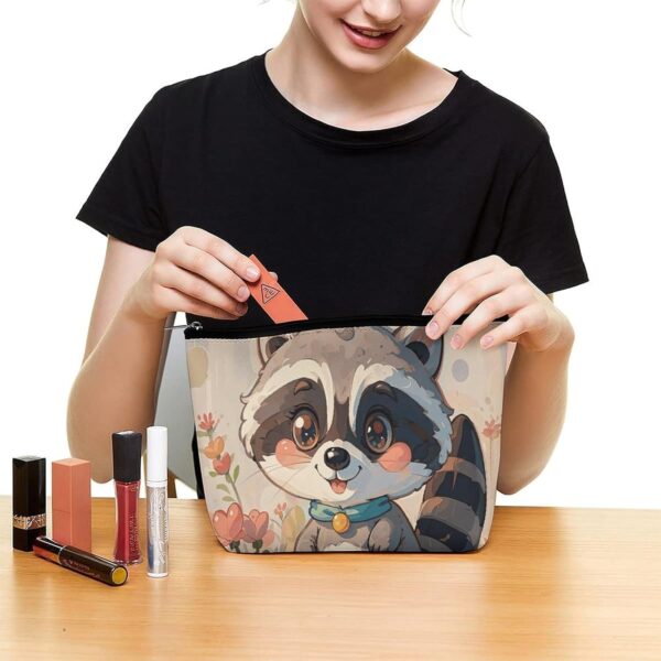 Cartoon Cute Raccoon Makeup Bag for Women Portable Travel Toiletry Pouch, PU Leather Cosmetic Bag with Zipper