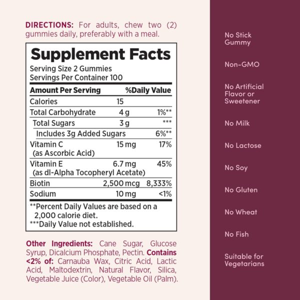 Nature's Bounty Optimal Solutions Hair, Skin and Nails Pectin Gummies, 2500 mcg Biotin Per Serving, No Stick Gummy, Vegetarian Formula, Strawberry Flavor, 200 count, 100 Total Servings