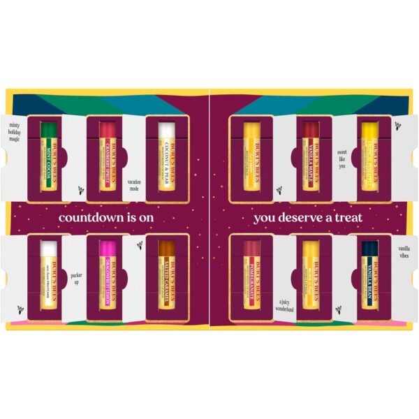 Burt's Bees 12 Days of Joy Lip Balm Advent Calendar Gift Set, Flavored Lip Balm Pack Great for Office Holiday Gifts, Tint-Free, Natural Origin Lip Care, 12 Tubes, 0.15 oz.