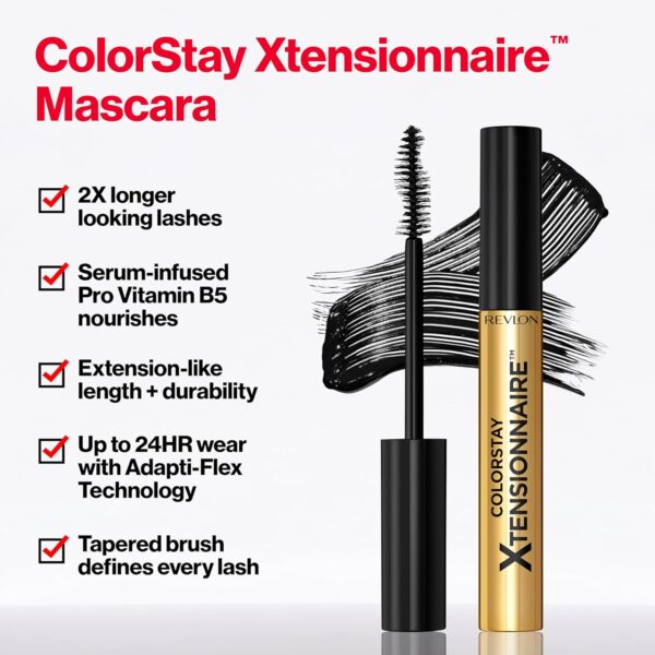 Revlon ColorStay Xtensionnaire Lengthening Lash Serum and Mascara In One, Tapered Brush for 2X Longer Looking Eyelashes, Infused with Pro Vitamin B5, Smudge-Proof, 201 Blackest Black