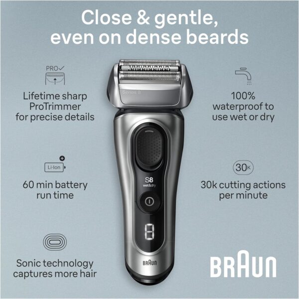 Braun Series 8 Electric Razor for Men, with 4+1 Shaving Elements & Precision Long Hair Trimmer, Close & Gentle Even on Dense Beards, Wet & Dry Electric Razor with 60min Runtime, 8517s Galvano Silver
