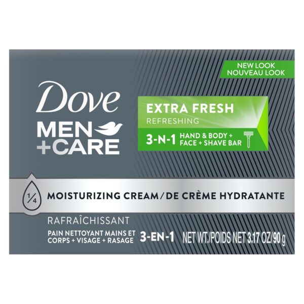 DOVE MEN + CARE Bar 3 in 1 Cleanser for Body, Face, and Shaving Extra Fresh to Clean and Hydrate Skin Body and Facial Cleanser More Moisturizing Than Bar Soap 3.17 oz