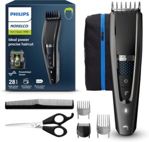 Norelco Philips Hair Clipper 7000 Series, Hair and Beard Trimmer, Precision Dial, PowerAdapt Sensor, Trim-and-Flow, DualCut, DuraPower, 28 Length Settings, 90 Min. Runtime, HC7650/40