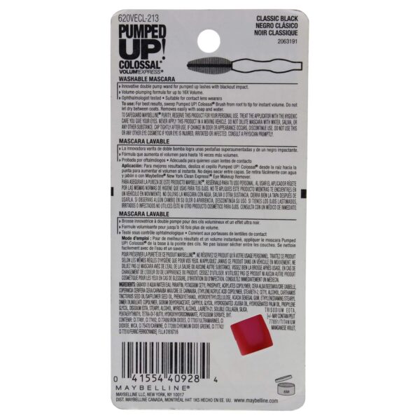 Maybelline Volum' Express Pumped Up Colossal Mascara, Washable Formula Infused with Collagen for Up To 16x Lash Volume, Classic Black, 1 Count