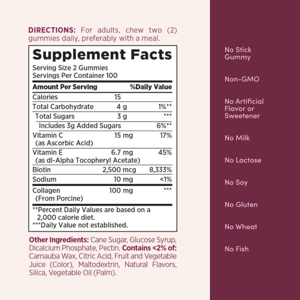 Nature's Bounty Optimal Solutions Hair, Skin and Nails Collagen Pectin Gummies, 100 mg Collagen and 2,500 mcg Biotin Per Serving, No Stick Gummy, Tropical Citrus Flavor, 200 ct, 100 Total Servings