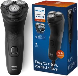 Philips Norelco Shaver 1100 Series, Dry Electric Shaver, 27 Self-Sharpening ComfortCut Blades, 4D Floating Heads, P-Cap, Deep Black, Model S1016/90