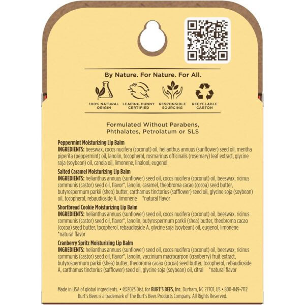 Burt's Bees Lip Balm, 100% Natural Origin, Peppermint, Salted Caramel, Shortbread Cookie and Cranberry Spritz Moisturizing Lip Balms (4-Pack)